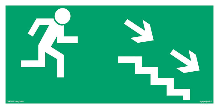 Znak - Kierunek do wyjścia drogi ewakuacyjnej schodami w dół w prawo AA004