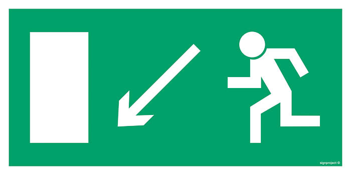 Znak - Kierunek do wyjścia drogi ewakuacyjnej w dół w prawo (znak uzupełniający) AC014