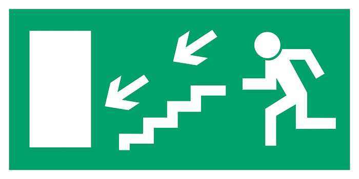 Znak - Kierunek do wyjścia drogi ewakuacyjnej schodami w dół w prawo (znak uzupełniający) AC018