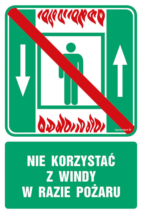 Znak - Zakaz korzystania z dźwigu osobowego w razie pożaru AC028