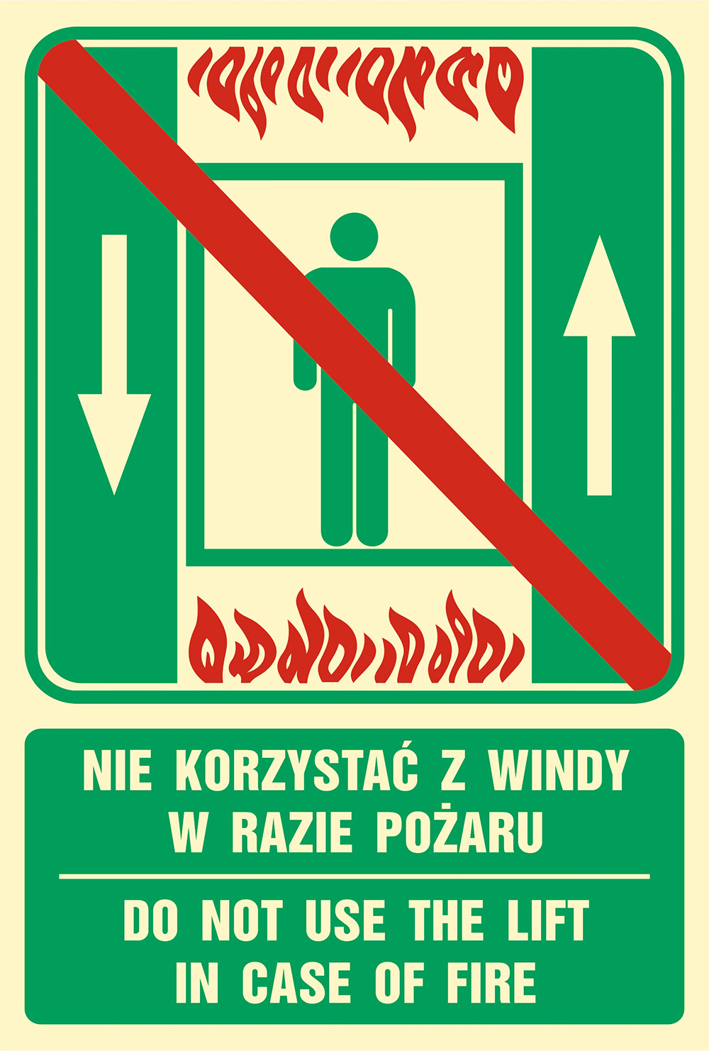 Znak - Nie korzystać z windy w razie pożaru/Do not use the lift in case of fire AC093