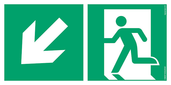 Znak - Kierunek do wyjścia ewakuacyjnego w dół w lewo AE093