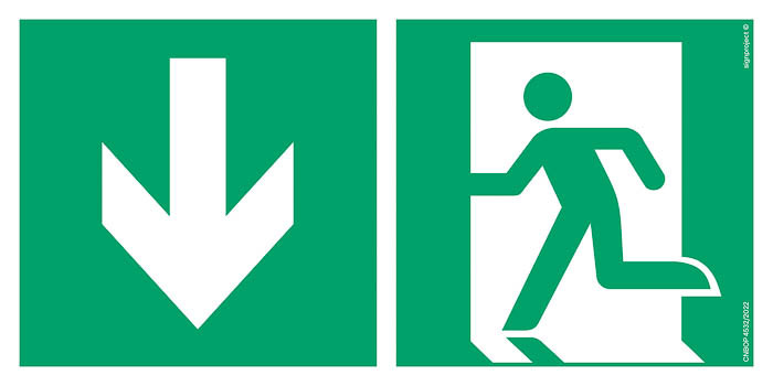 Znak - Kierunek do wyjścia ewakuacyjnego w dół lewostronny AE094