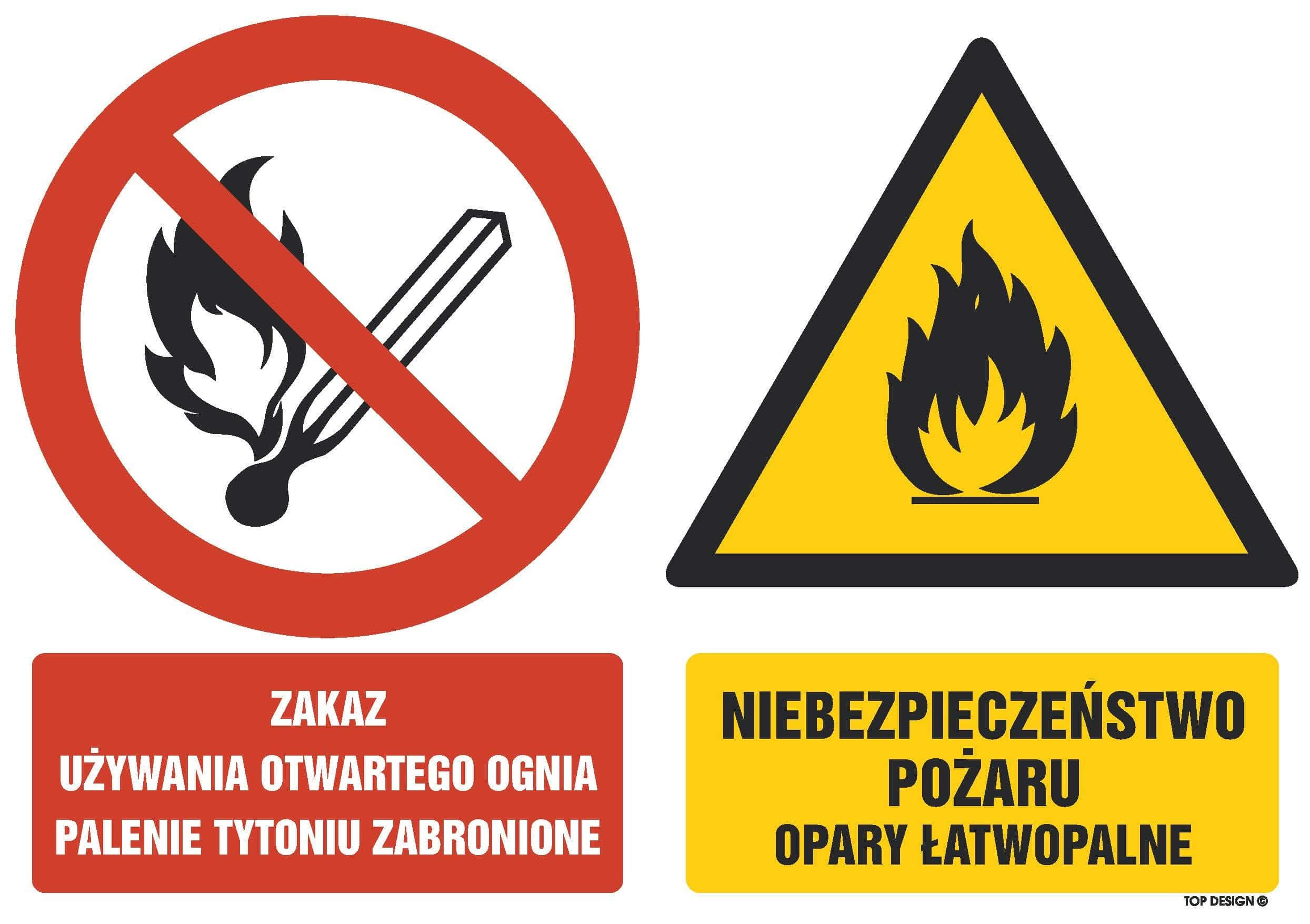 Znak - Zakaz używania otwartego ognia,palenie tytoniu zabronione Niebezpieczeństwo pożaru opary łatwopalne GM002