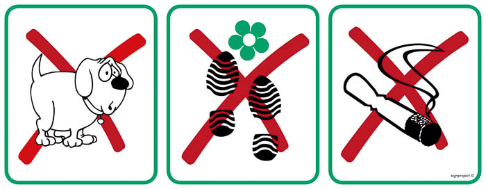 Znak - Zakaz wprowadzania psów,deptania trawnika, palenia tytoniu - znak na podkładzie EM003 NE003