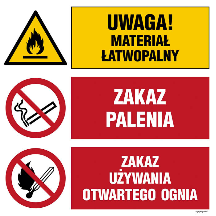 Znak - Uwaga! materiał łatwopalny, Zakaz palenia, Zakaz używania otwartego ognia OI026