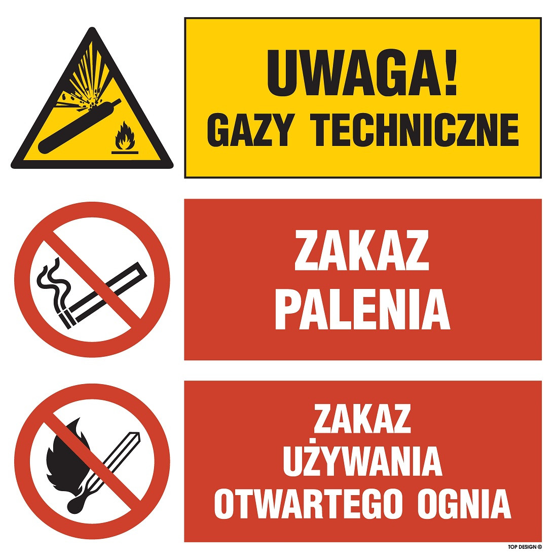 Znak - Uwaga! gazy techniczne, Zakaz palenia, Zakaz używania otwartego ognia OI028