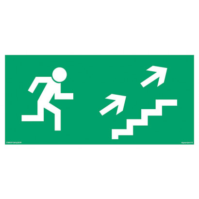 Znak - Kierunek do wyjścia drogi ewakuacyjnej schodami w górę w prawo AA007