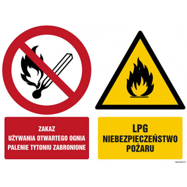 Znak - Zakaz używania otwartego ognia palenie tytoniu zabronione LPG Niebezpeczeństwo pożaru GM003