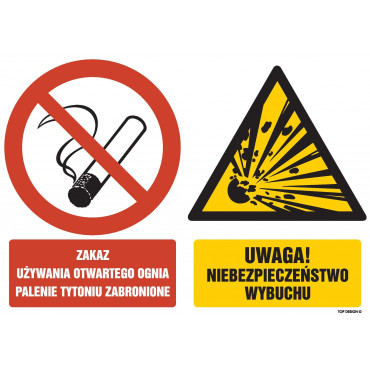 Znak - Zakaz używania otwartego ognia palenie tytoniu zabronione Uwaga Niebezpieczeństwo wybuchu GM005